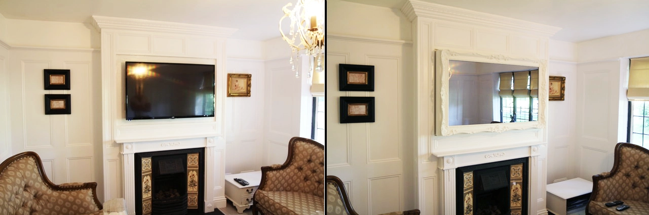 White living room interior decor with a TV before and after installing the Mirror TV Frame over it, seamlesly integrating the TV into decor.